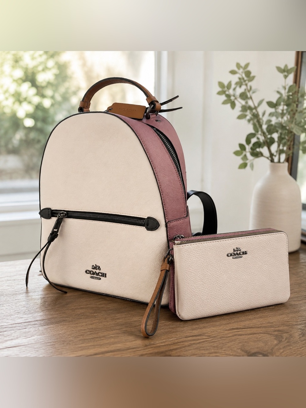 Coach Jordyn leather Backpack Color block + matching mini wallet